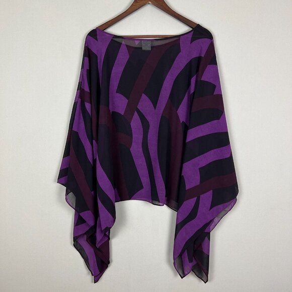 Draped Blouse Top Womens Large‎ Purple Black Sheer Geometric Statement Sleeve 14 - Picture 11 of 16